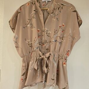 Sweet Rain Taupe Floral Tie-Front Blouse